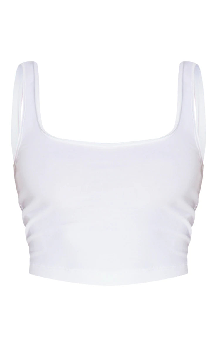 White Cotton Double Hem Strappy Crop Top