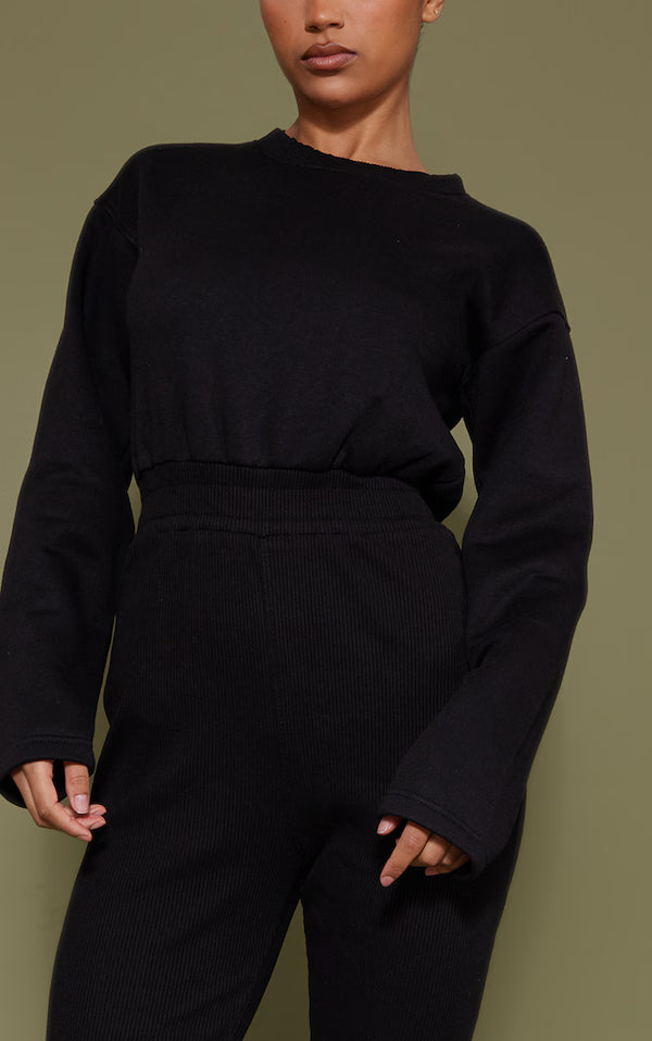 Black Sweat Bodice Crew Neck Rib Jumpsuit