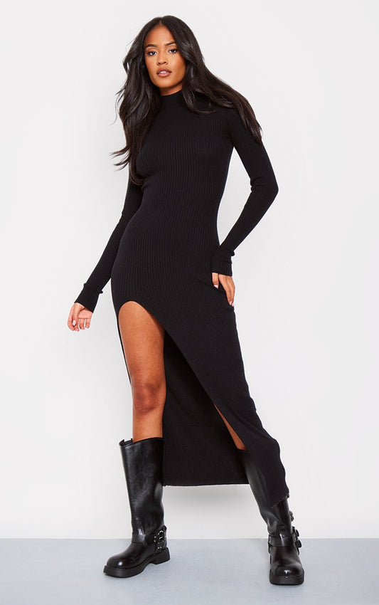 Tall Black Knitted Ribbed Side Split Maxi Dress