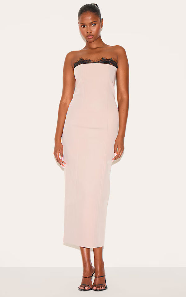 Taupe Lace Bust Detail Woven Midaxi Dress