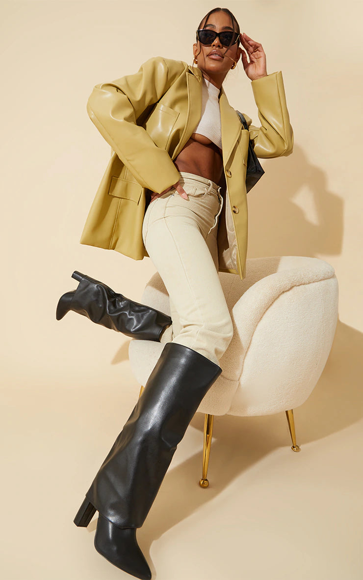 BLACK WIDE FIT PU POINTED FOLD OVER BLOCK HEEL KNEE BOOTS