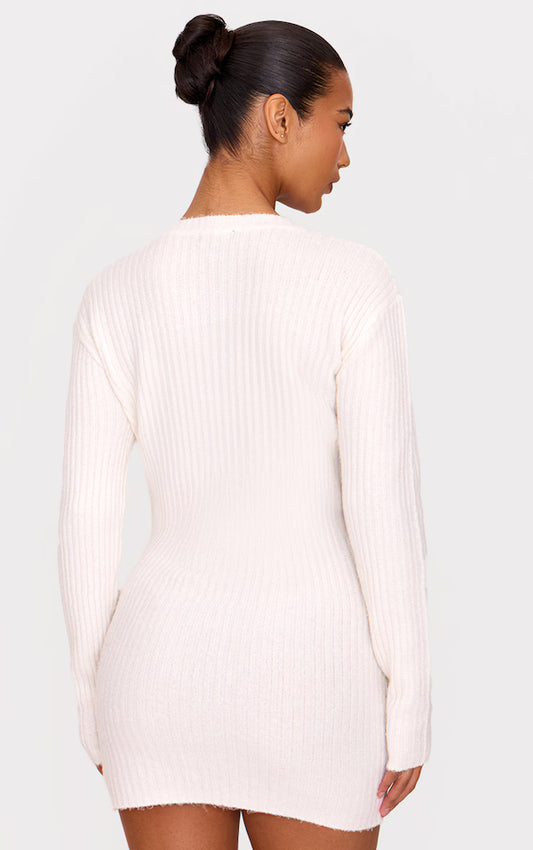 Cream Soft Textured Rib Knit Mini Dress