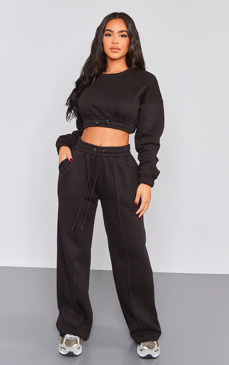 Petite Black Wide Leg Seam Detailed Sweatpants