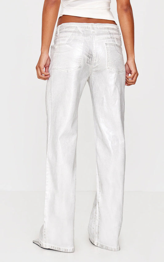 Plt - White Metallic Effect Low Rise Wide Leg Jeans