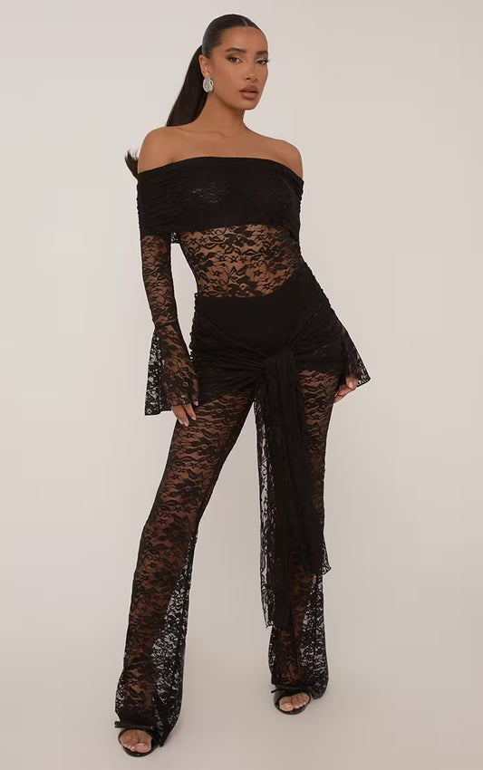 Ego - Bardot Long Sleeve Wrap Detail Straight Leg Jumpsuit In Black Lace