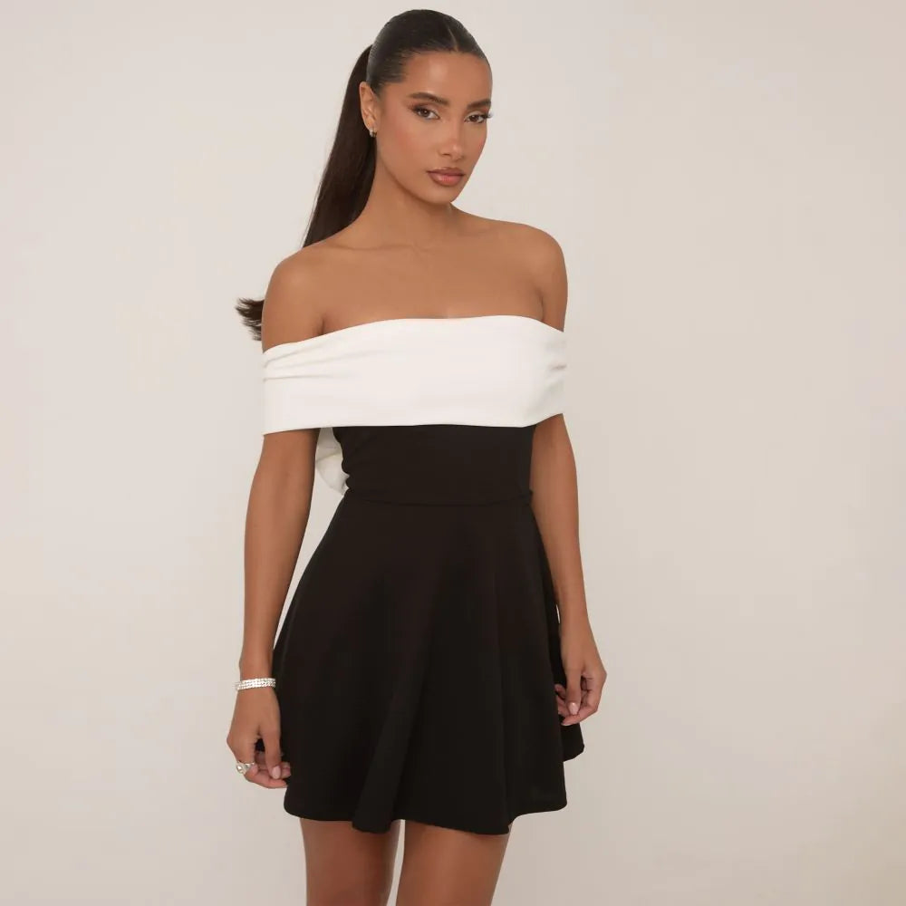Contrast Bardot Bow Tie Back Detail Mini Dress In Black
