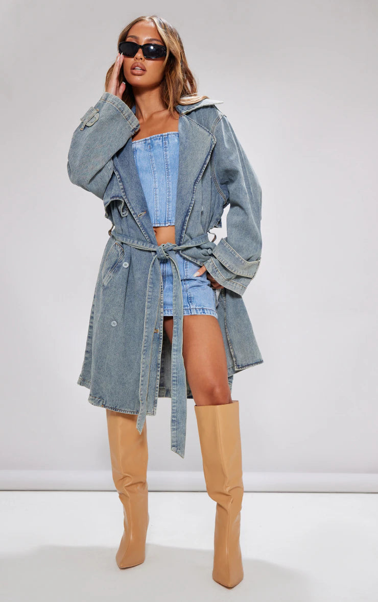 PETITE INDIGO VINTAGE WASH OVERSIZED DENIM TRENCH COAT