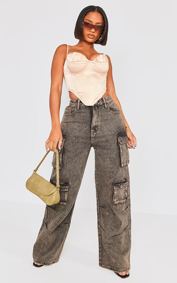 Shape Washed Brown Denim Pocket Detail Cargo Jeans