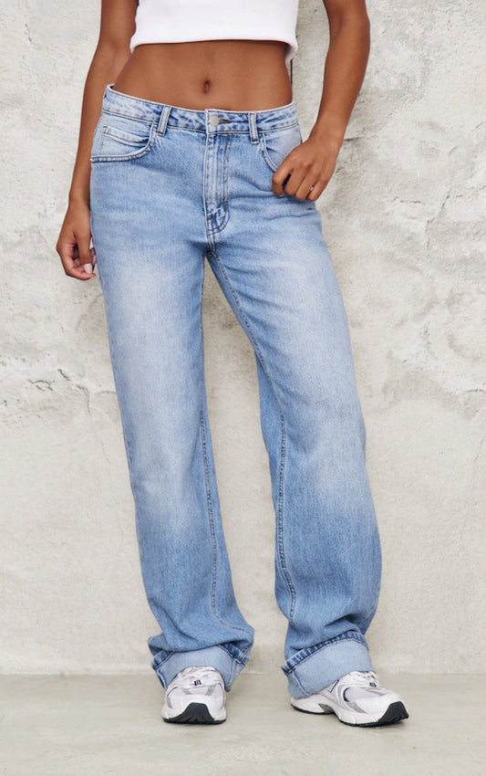 Mid Blue Wash Turn Up Hem Jeans