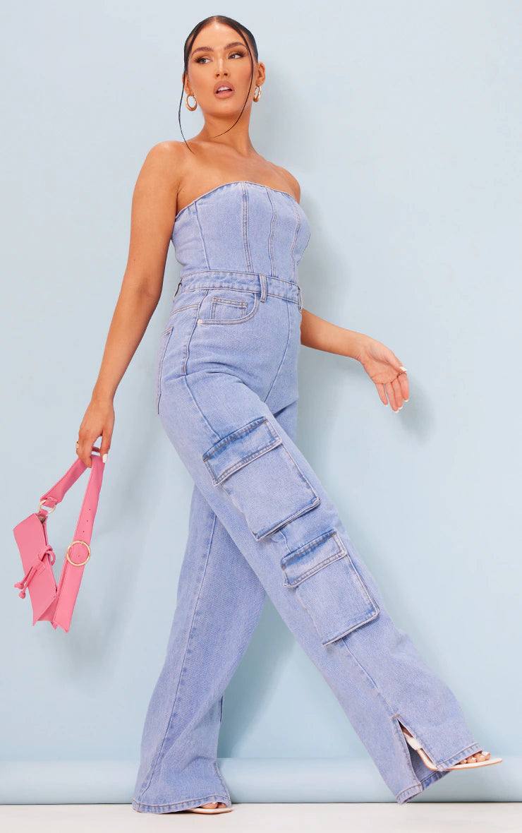 LIGHT BLUE WASH CARGO POCKET BANDEAU DENIM JUMPSUIT