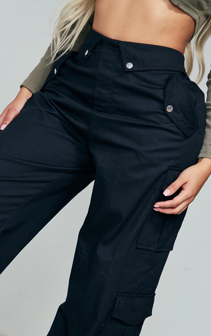 Shape Black Cargo Fold Waistband Pocket Detail Pants