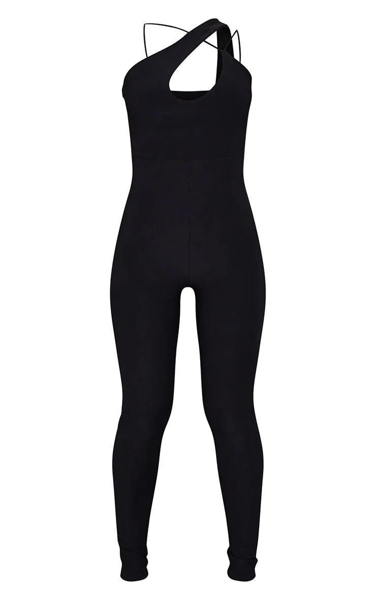 Black Slinky Asymmetric Strap Jumpsuit