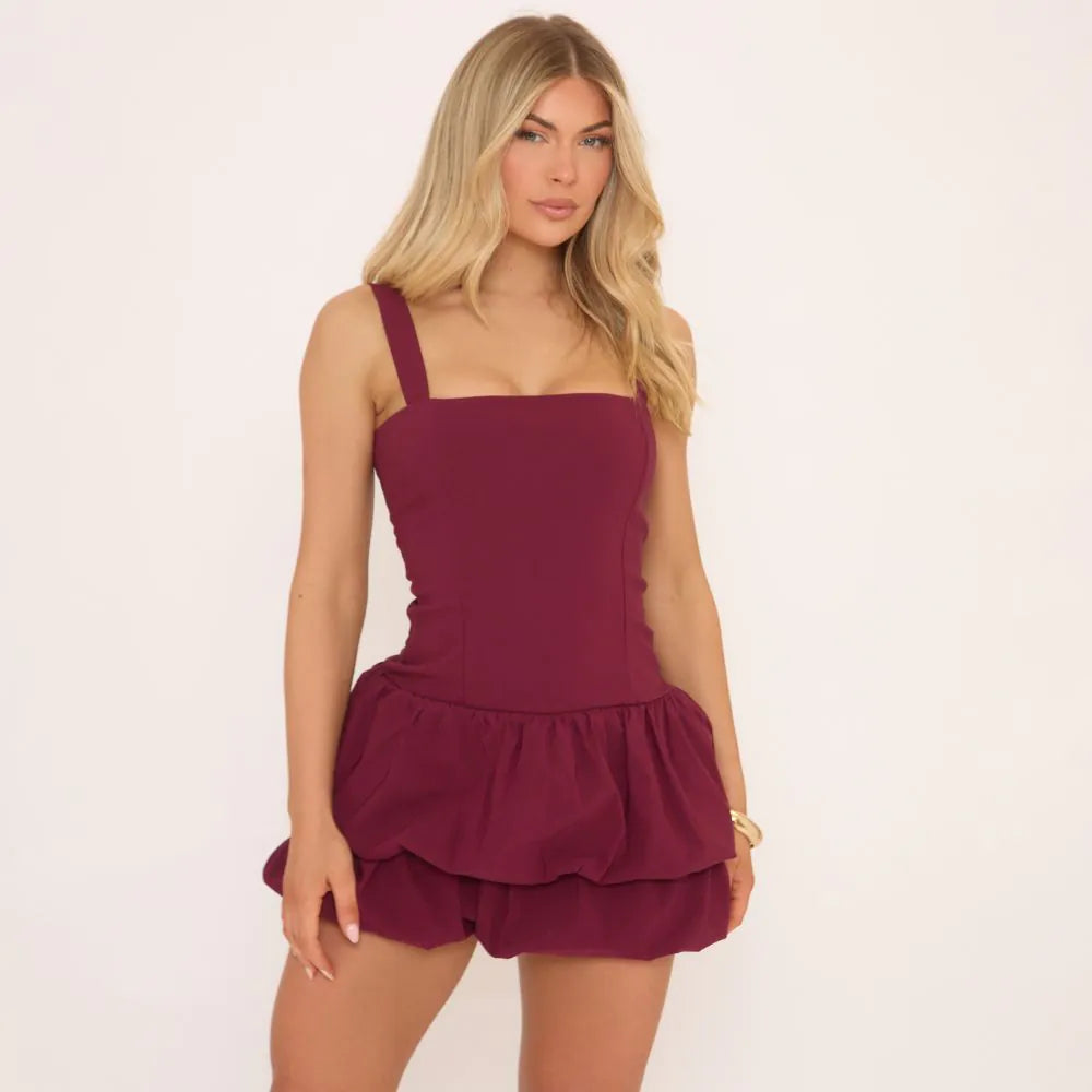 Square Neck Double Puffball Mini Dress In Burgundy