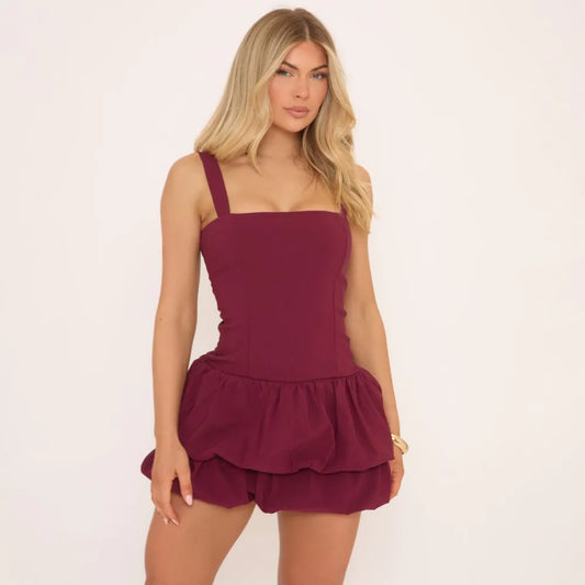 Square Neck Double Puffball Mini Dress In Burgundy