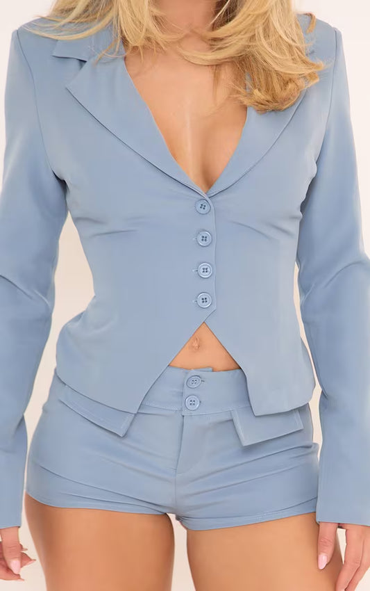 Ego - Long Sleeve Lace Up Back Cinched Waist Shorts In Blue