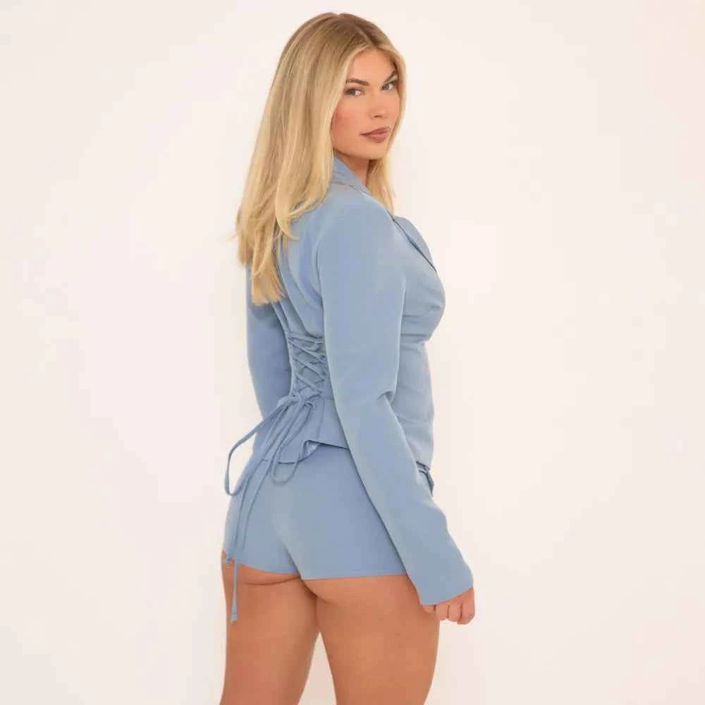 Ego - Long Sleeve Lace Up Back Cinched Waist Tailored Blazer In Blue