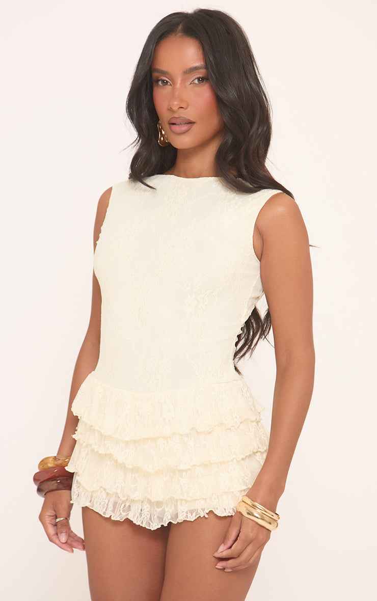Sleeveless Layered Frill Detail Playsuit In Lemon Floral Lace
