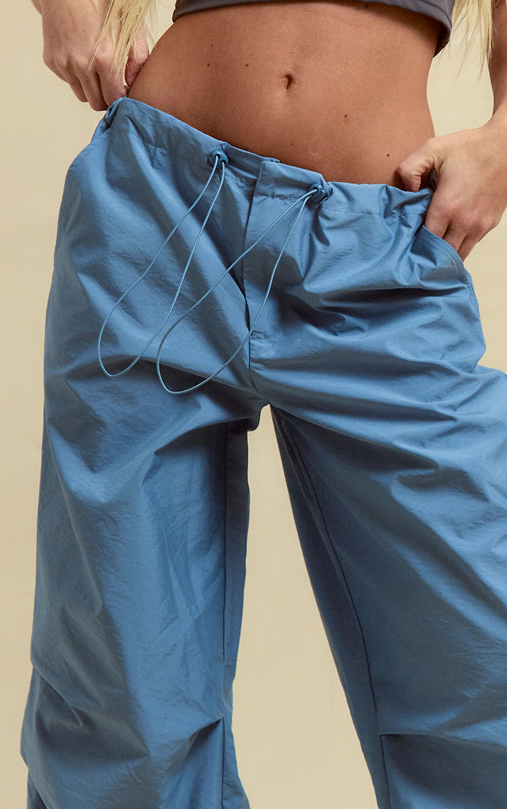 Grey Nylon Low Rise Drawstring Tie Waist Cargos