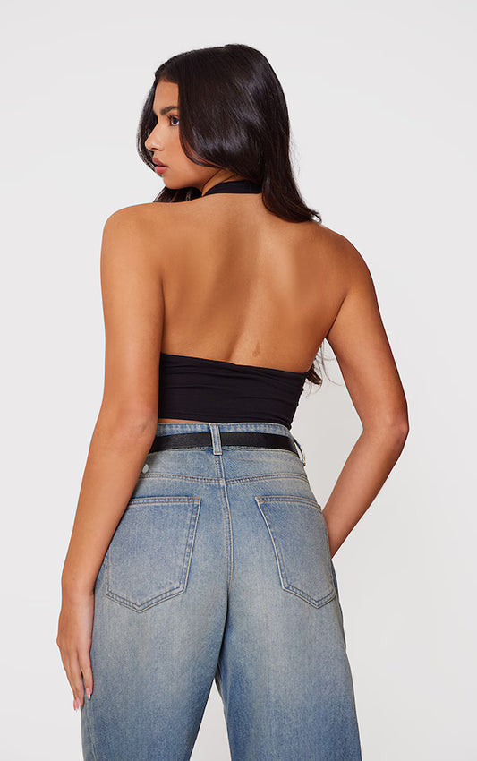 Black Basic Cotton Blend Halterneck Crop Top