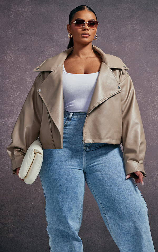 Plt - Plus Taupe Faux Leather Quilted Lining Oversized Biker Jacket
