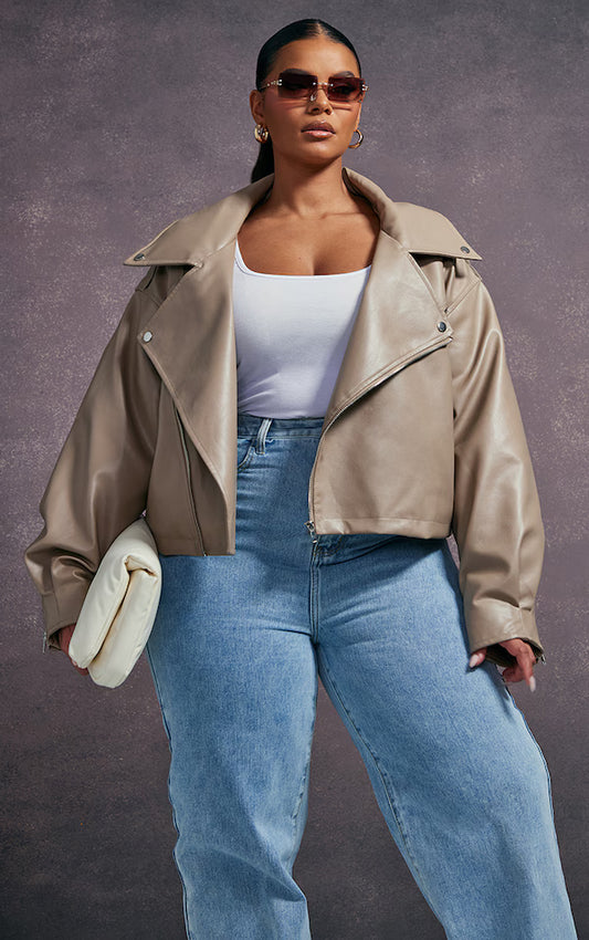 Plt - Plus Taupe Faux Leather Quilted Lining Oversized Biker Jacket