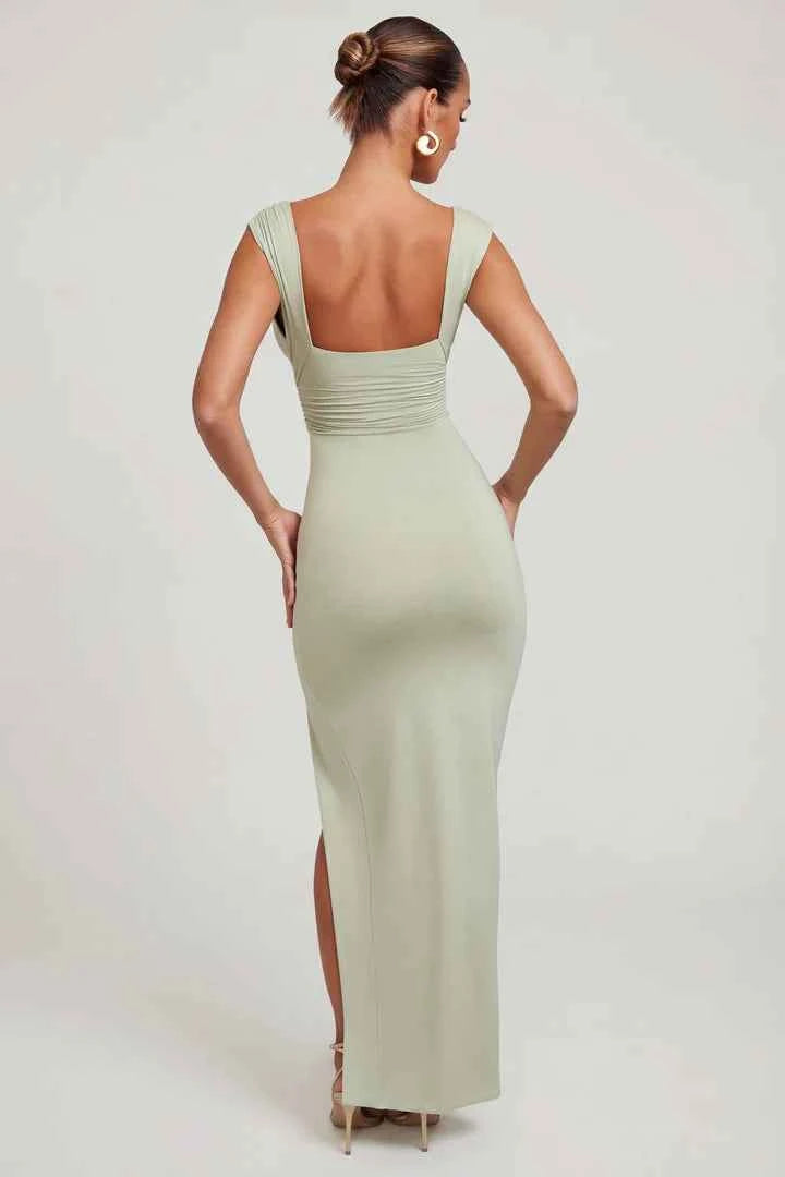 Ohpolly - High Split Plunge Neck Maxi Dress in Sage