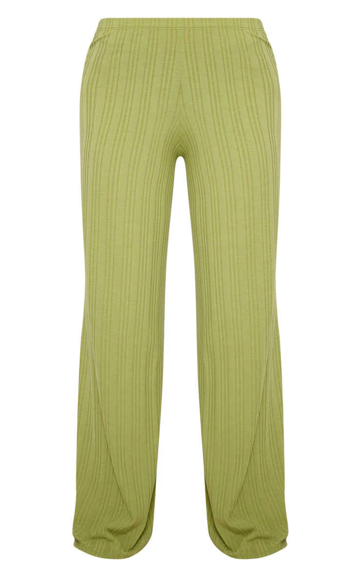 Olive Ribbed Low Rise Wide Leg Pants