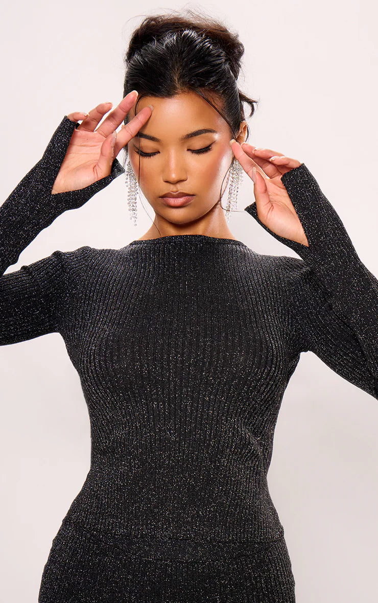 Black Glitter Knitted Open Back Long Sleeve Top