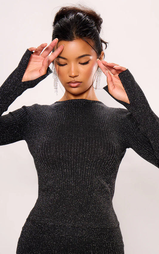 Black Glitter Knitted Open Back Long Sleeve Top