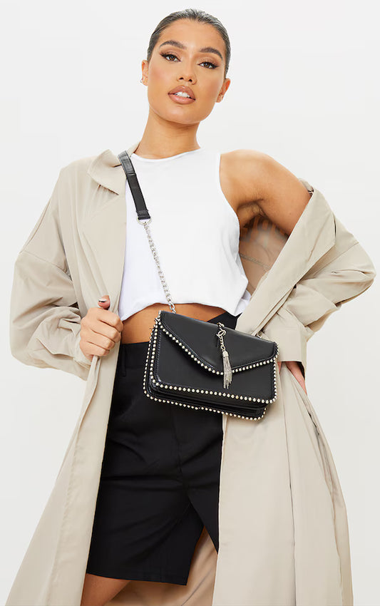 Black PU Chain and Tassel Trim Cross Body Bag