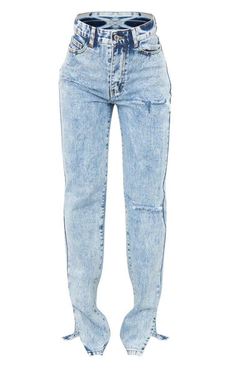 Ice Blue Ripped Split Hem Jeans