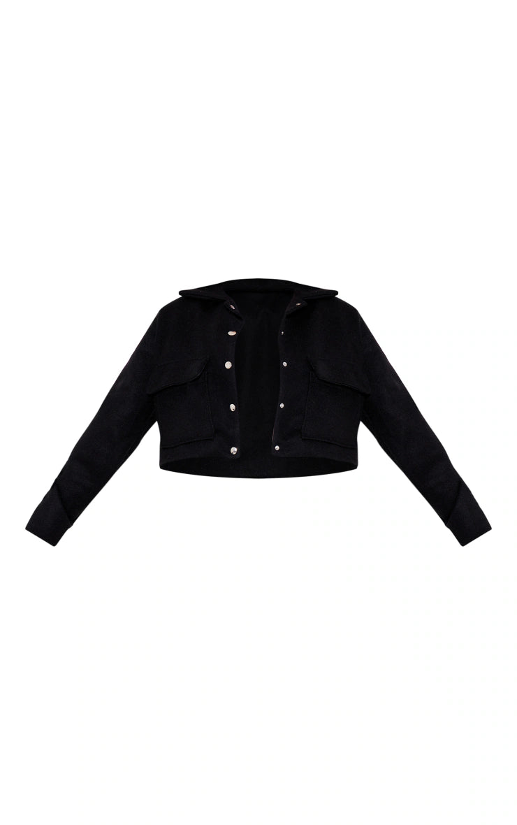 Black Wool Look Structured Shoulder Boxy Crop Jacket