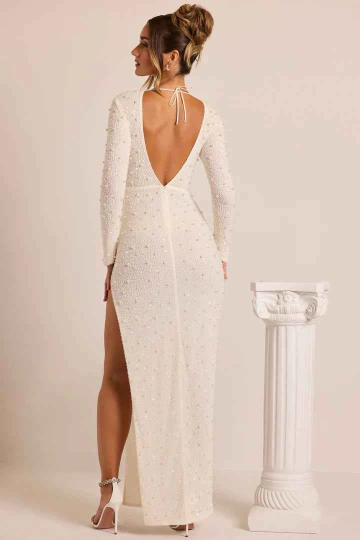 OhPolly - Embellished Long Sleeve Backless Maxi Dress in White