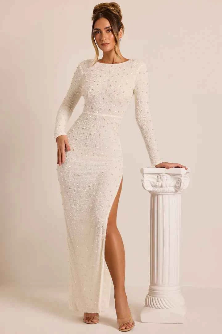 OhPolly - Embellished Long Sleeve Backless Maxi Dress in White