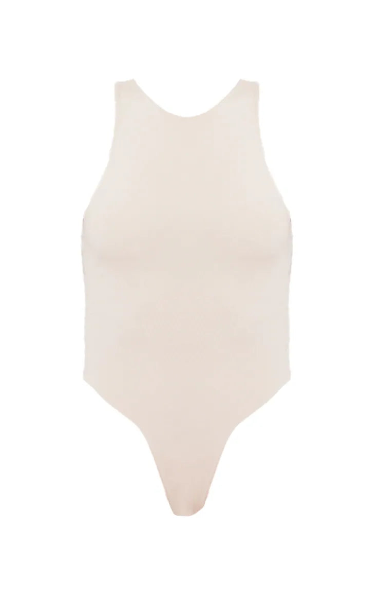 Cream Slinky Sleeveless Racer Bodysuit