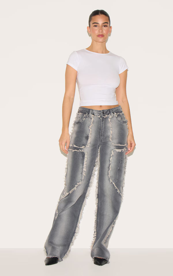 Washed Grey Frayed Edge Wide Leg Jeans