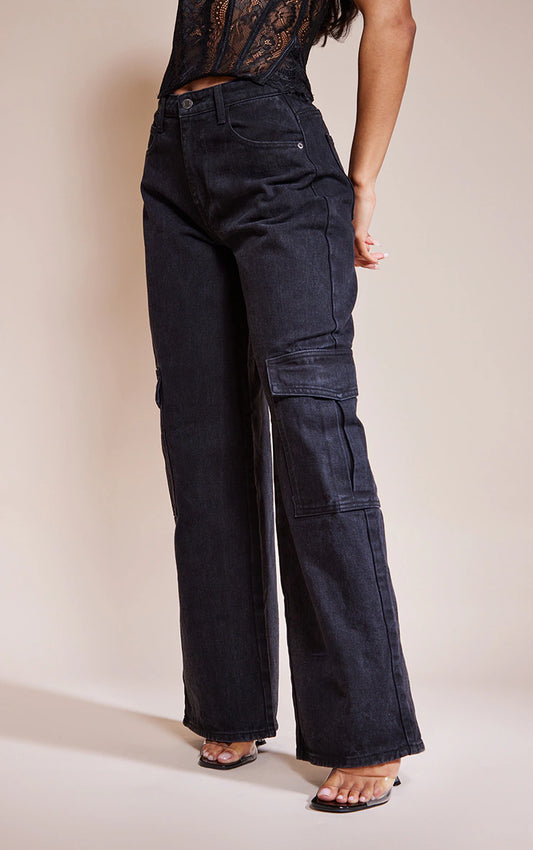 Washed Black Cargo Side Pocket Wide Leg Jeans