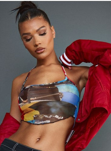 Multi Abstract Print Mesh Halter Crop Top