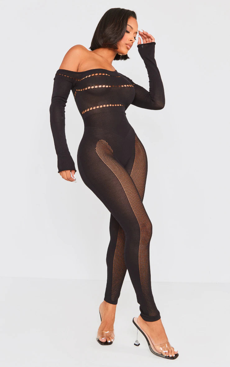 Shape Black Bardot Knitted Hole Detailed Jumpsuit