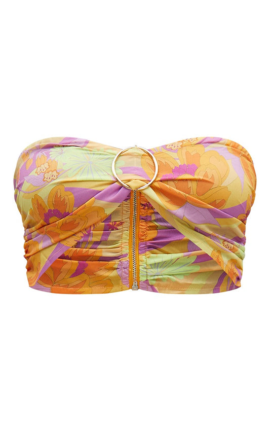 Orange Floral Print Satin Ring Detail Bandeau