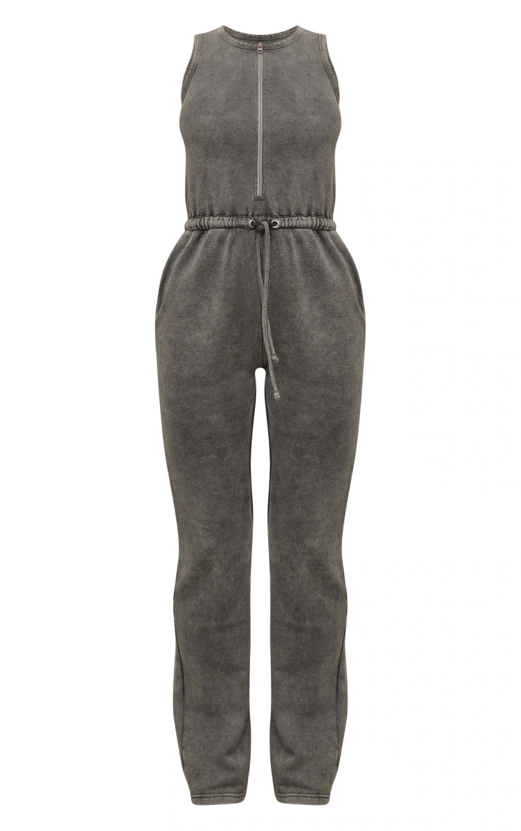 Grey Marl Acid Wash Zip Tie Jumpsuit