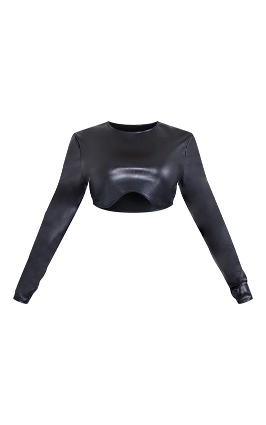 PETITE BLACK CRACKED FAUX LEATHER LONGSLEEVE TOP