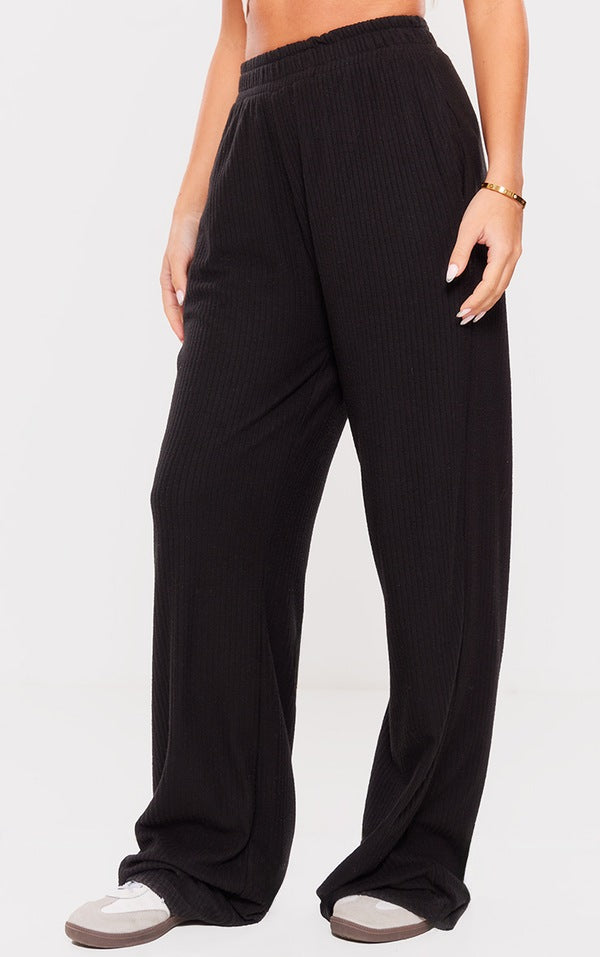 Black Soft Brushed Rib Wide Leg Pants