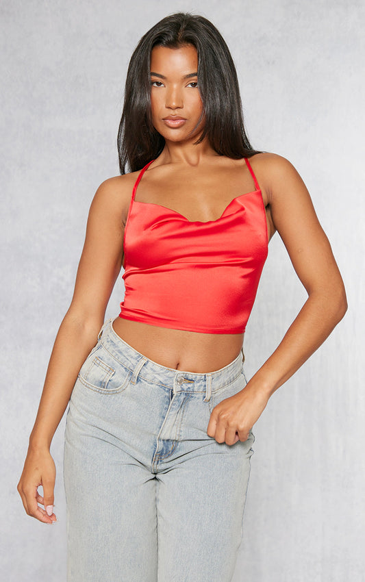 Red Satin Strappy Back Cowl Neck Cami