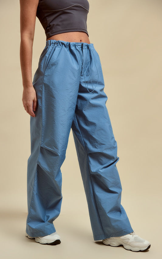 Grey Nylon Low Rise Drawstring Tie Waist Cargos