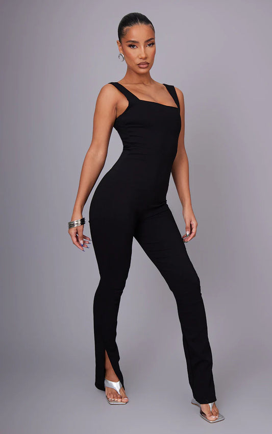 Black Square Neck Thick Strap Stretch Woven Jumpsuit