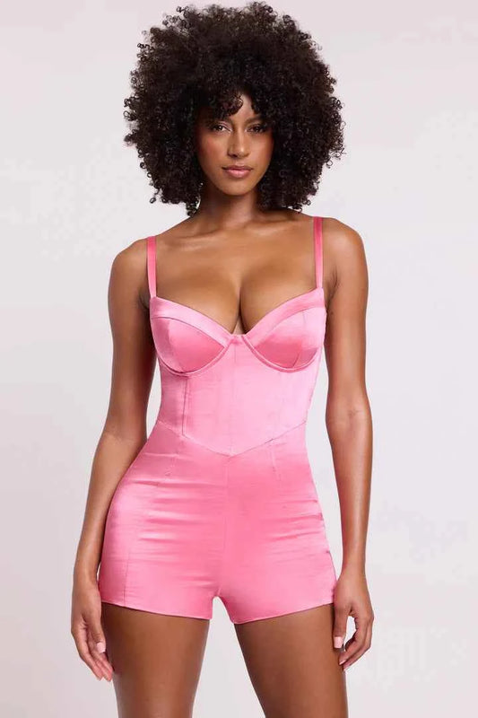 Ohpolly - Satin Corset Mini Playsuit in Pink
