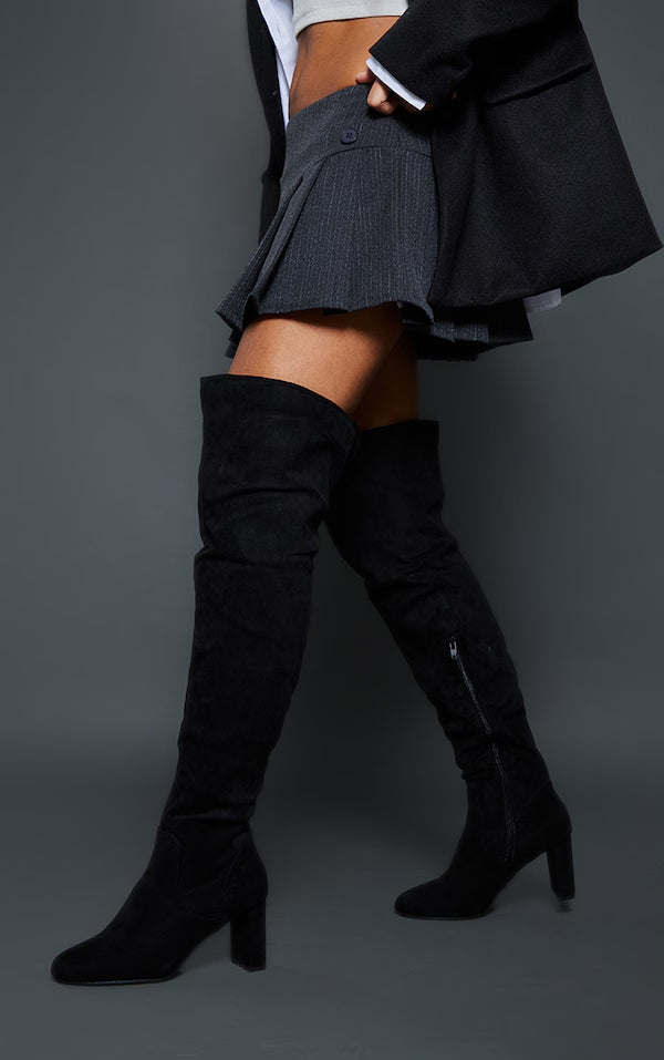 Black Faux Suede Stitch Detail High Block Heeled Over The Knee Boots