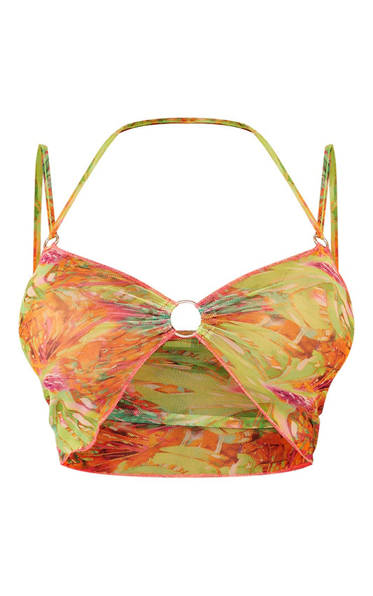 Shape Lime Tropical Print Sheer Mesh Ring Detail Bralet