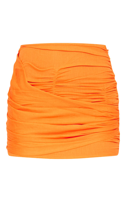 Hot Orange Linen Look Wrap Front Mini Skirt